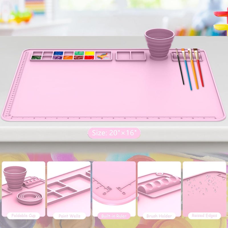 IYYI Silicone Painting Mat, Paint Mat with Cup and Palette, 20"X16" Siliocne Pad for Crafts, Resin, Clay, Kids Art Pad with Raised Edge (Pink) - Image 3